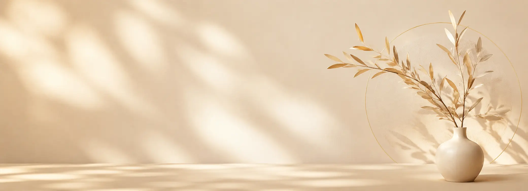 Gold-leaf branches in a ceramic vase against a sunlit wall