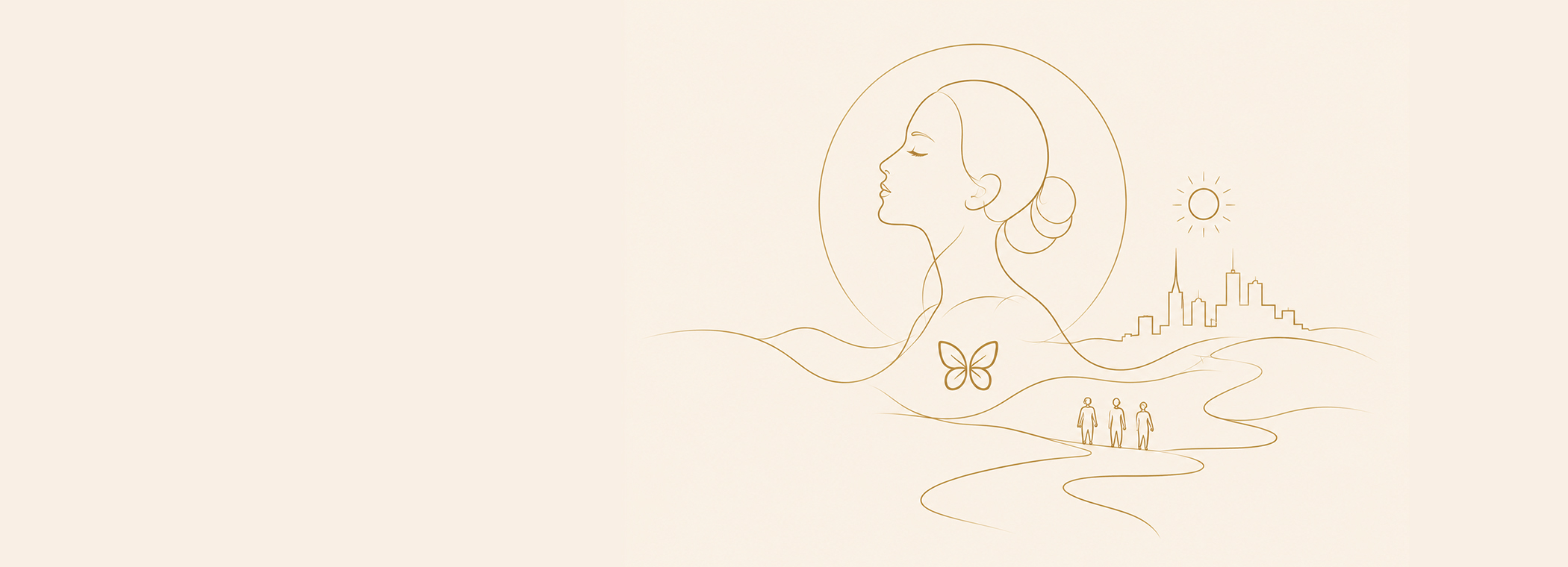 Line illustration of a woman, butterfly and path